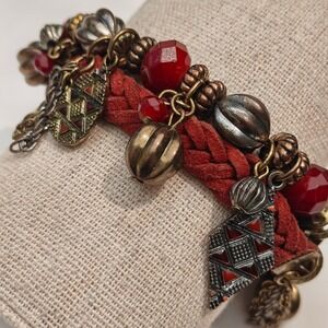 Red Burgundy Braided Suede Charm Bracelet Chunky Boho Beads Gold Silver Tone